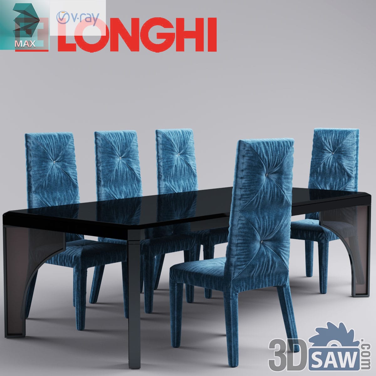 3ds Max luxury black gloss dining table with tall crushed-teal-velvet button-tufted chairs
