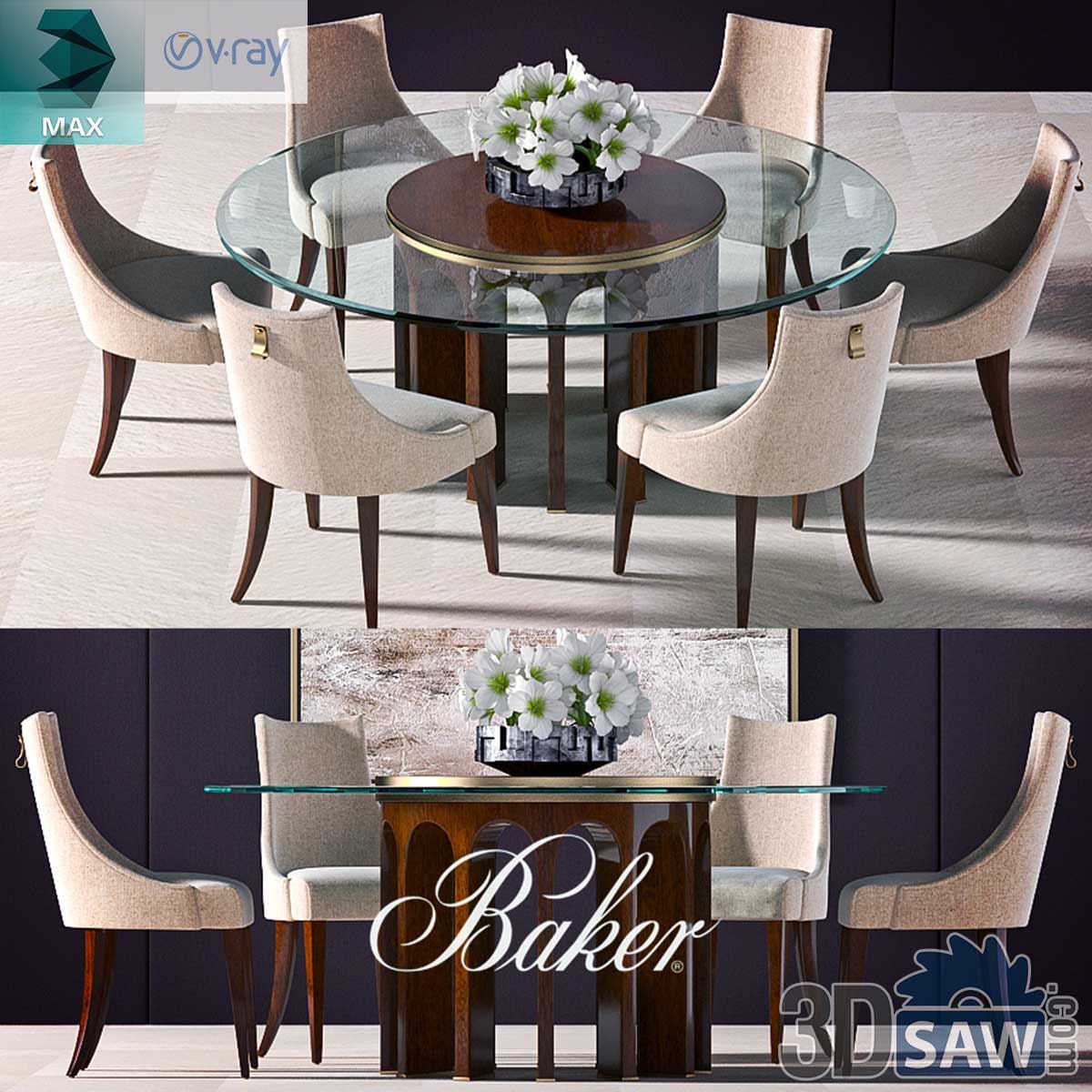 3ds Max contemporary round glass dining table on burl-wood pedestal with cream upholstered chairs