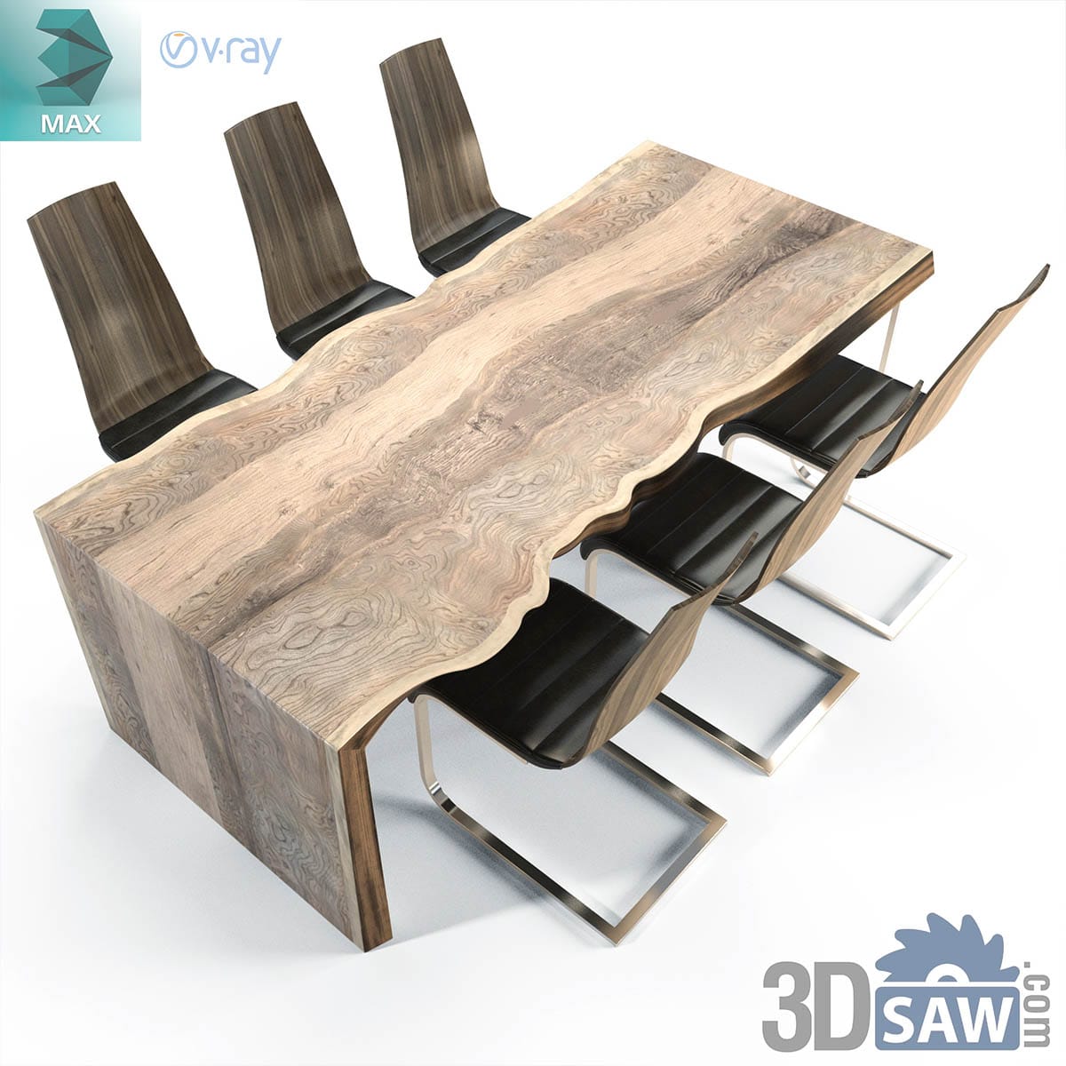 3ds Max rustic waterfall-edge timber slab dining table with black leather cantilever chairs
