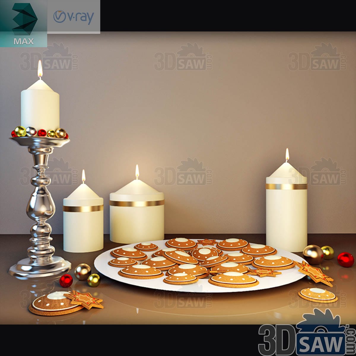 3ds Max holiday styling set with a plate of iced gingerbread cookies, pillar candles and baubles