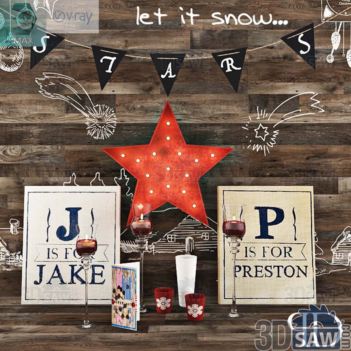 3ds Max rustic holiday wall decor with a red marquee star, pennant garland and burlap letter prints