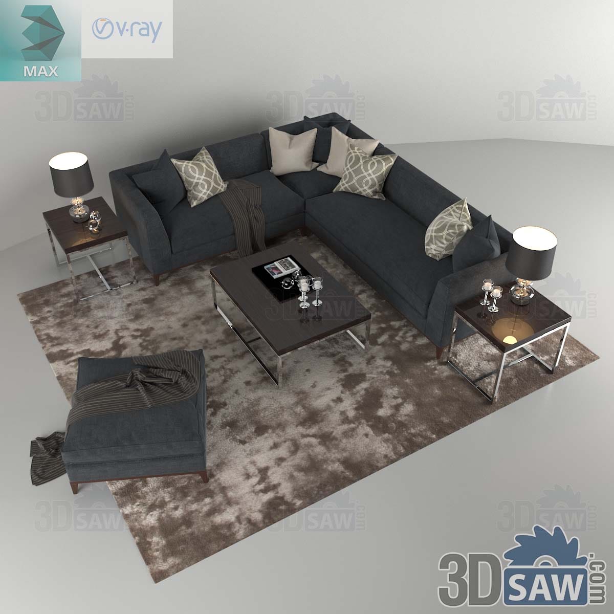 3ds Max charcoal L-shaped sectional sofa with wood coffee table, lamp tables and taupe rug