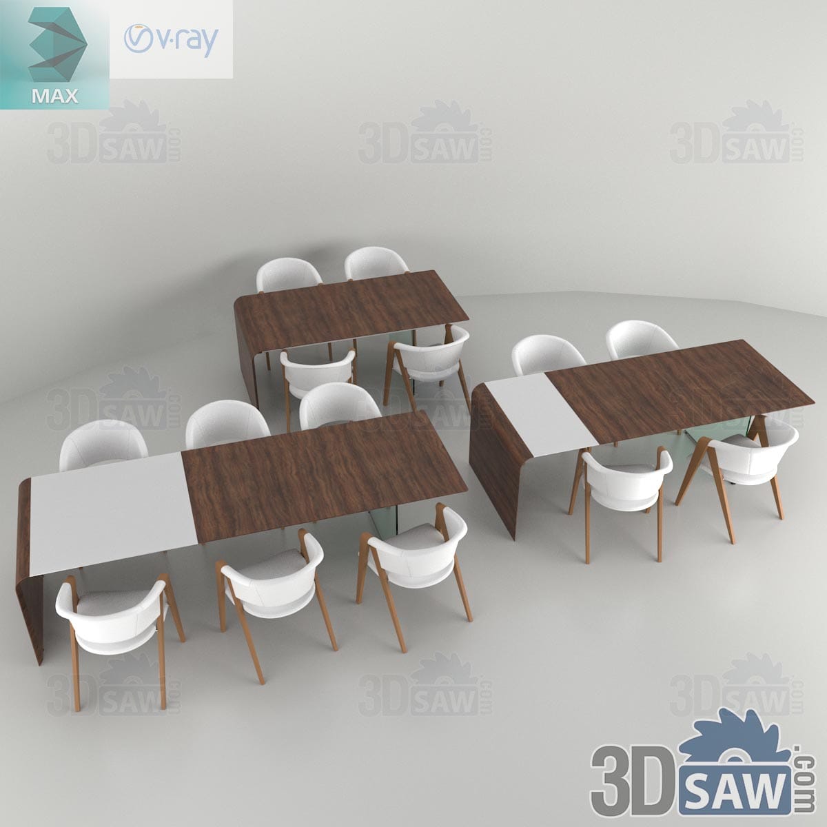 3ds Max contemporary walnut dining table with curved wood ends and off-white upholstered armchairs