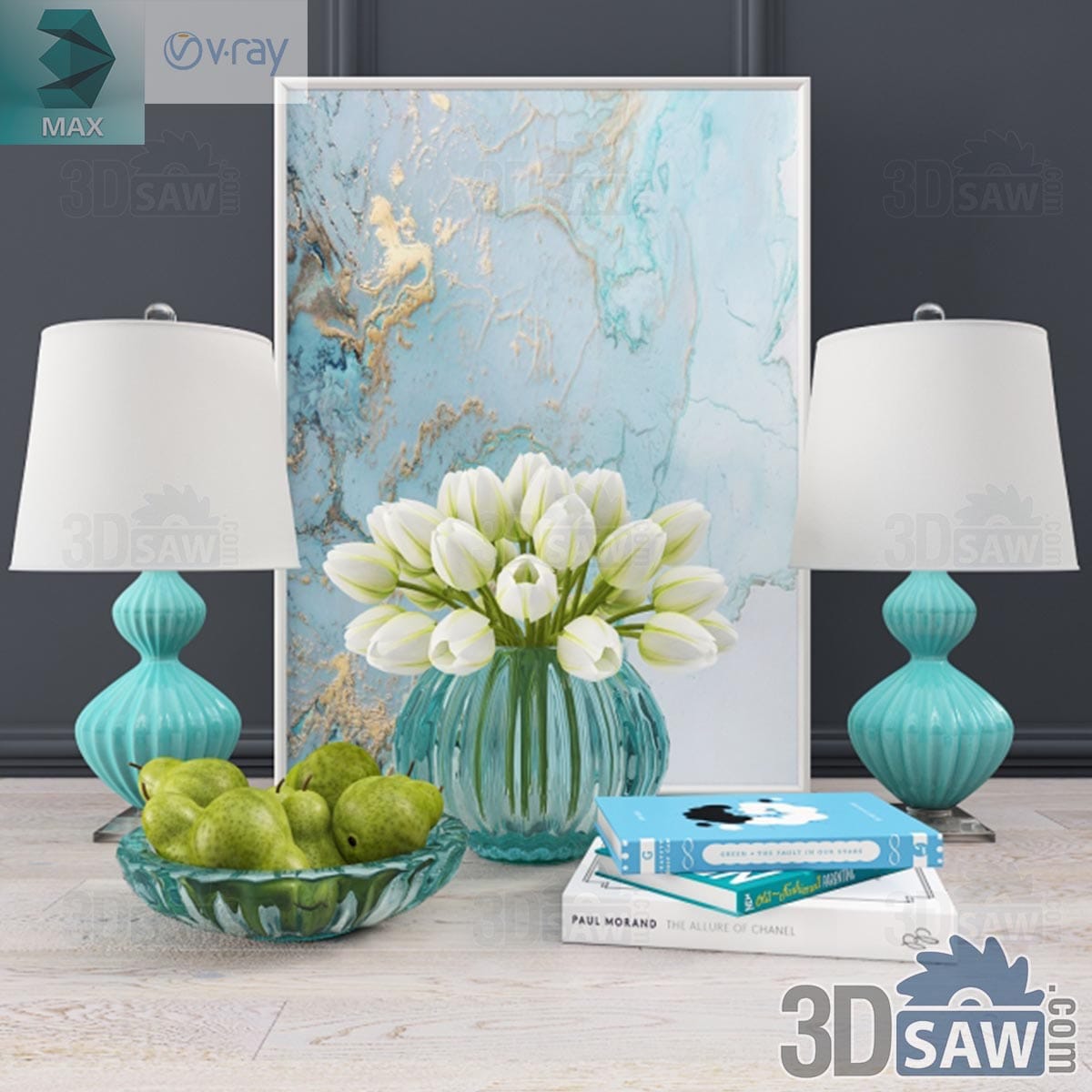 3ds Max turquoise ceramic gourd lamps with marble art print, tulip vase and glass bowl of pears
