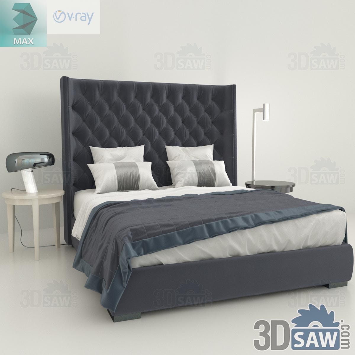 3ds Max luxury navy velvet deep-buttoned wingback bed with chrome floor lamp and round side table