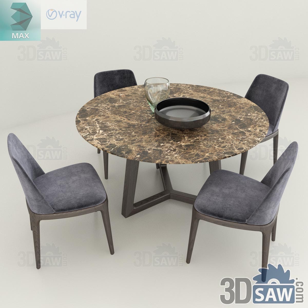 3ds Max round brown marble dining table on a walnut tripod base with four grey velvet chairs