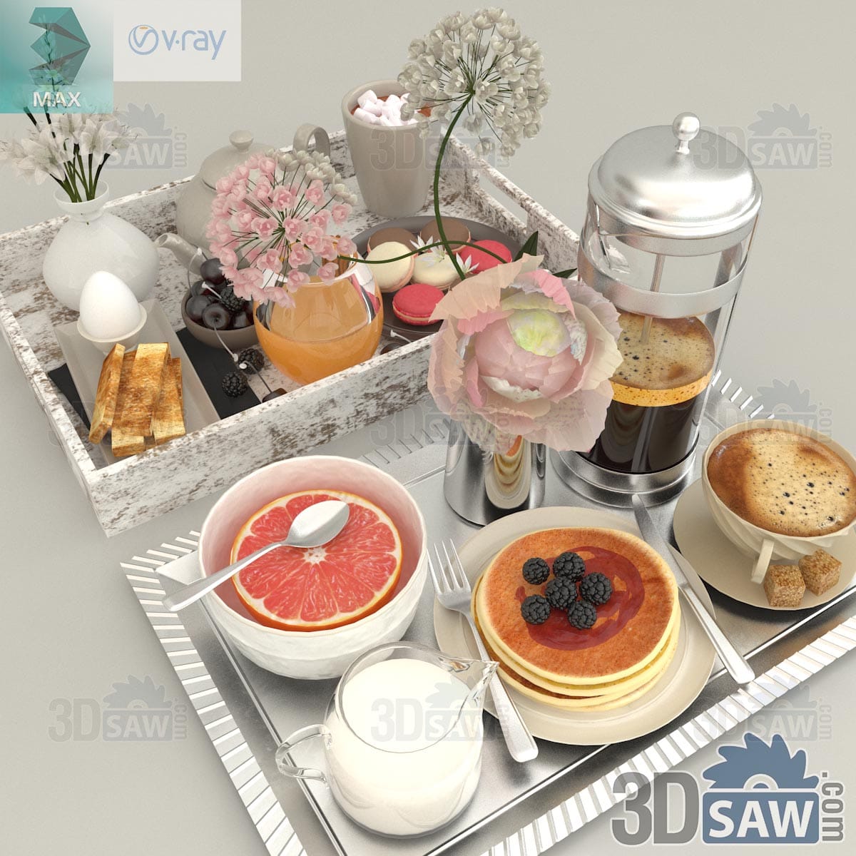 3ds Max breakfast tray set with pancakes and berries, French press, grapefruit and macarons