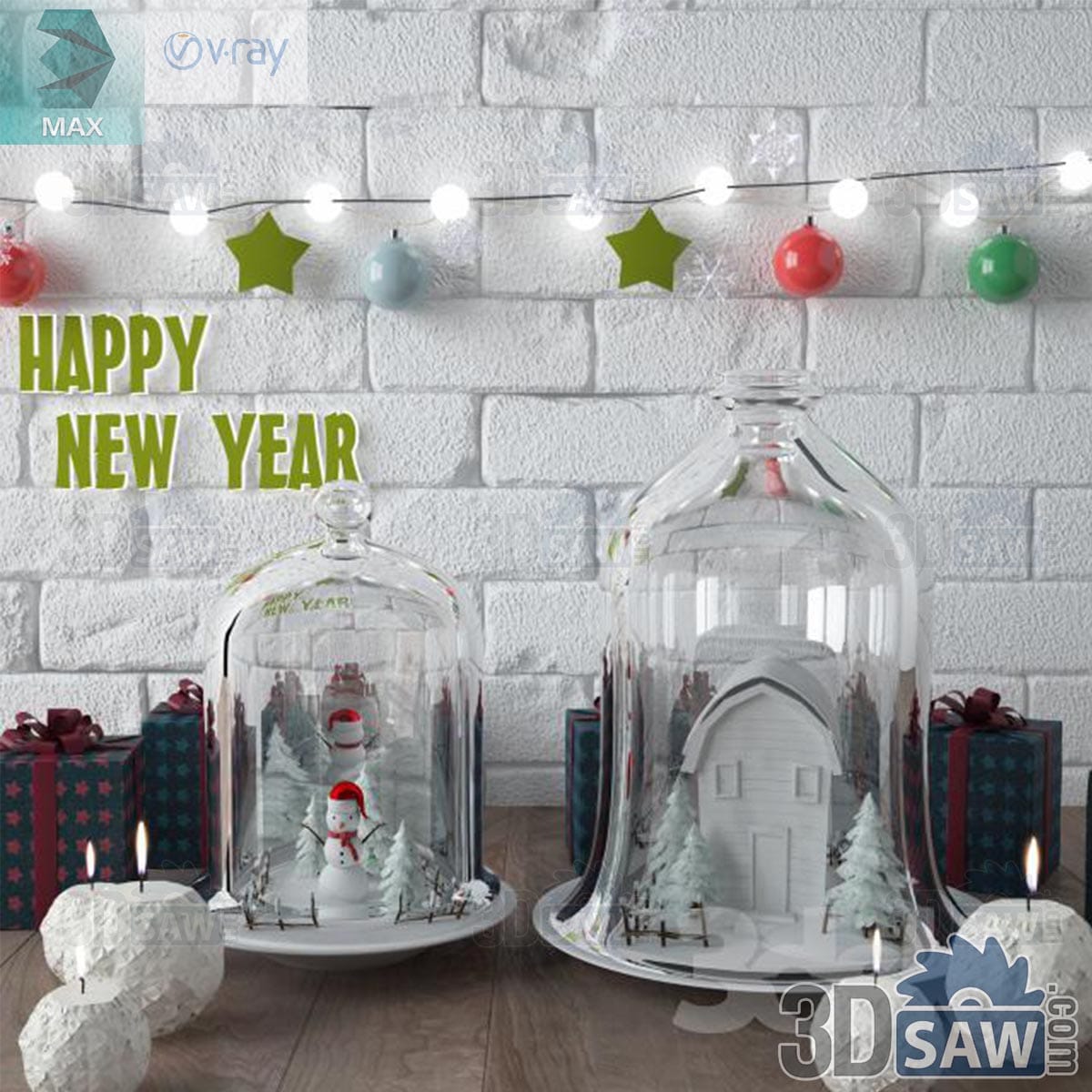 3ds Max Christmas glass cloches with snowman and house winter scenes, light garland and gift boxes