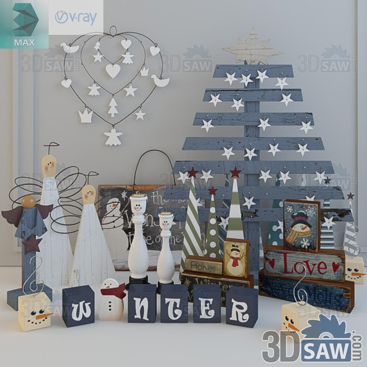 3ds Max rustic painted-wood winter decor with plank tree, angel figures and WINTER letter blocks