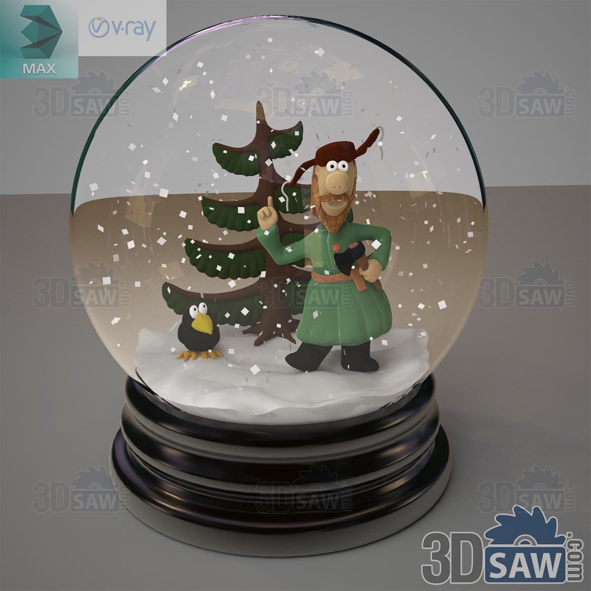 3ds Max Christmas snow globe with a cartoon woodsman, a crow and a fir tree on a black base