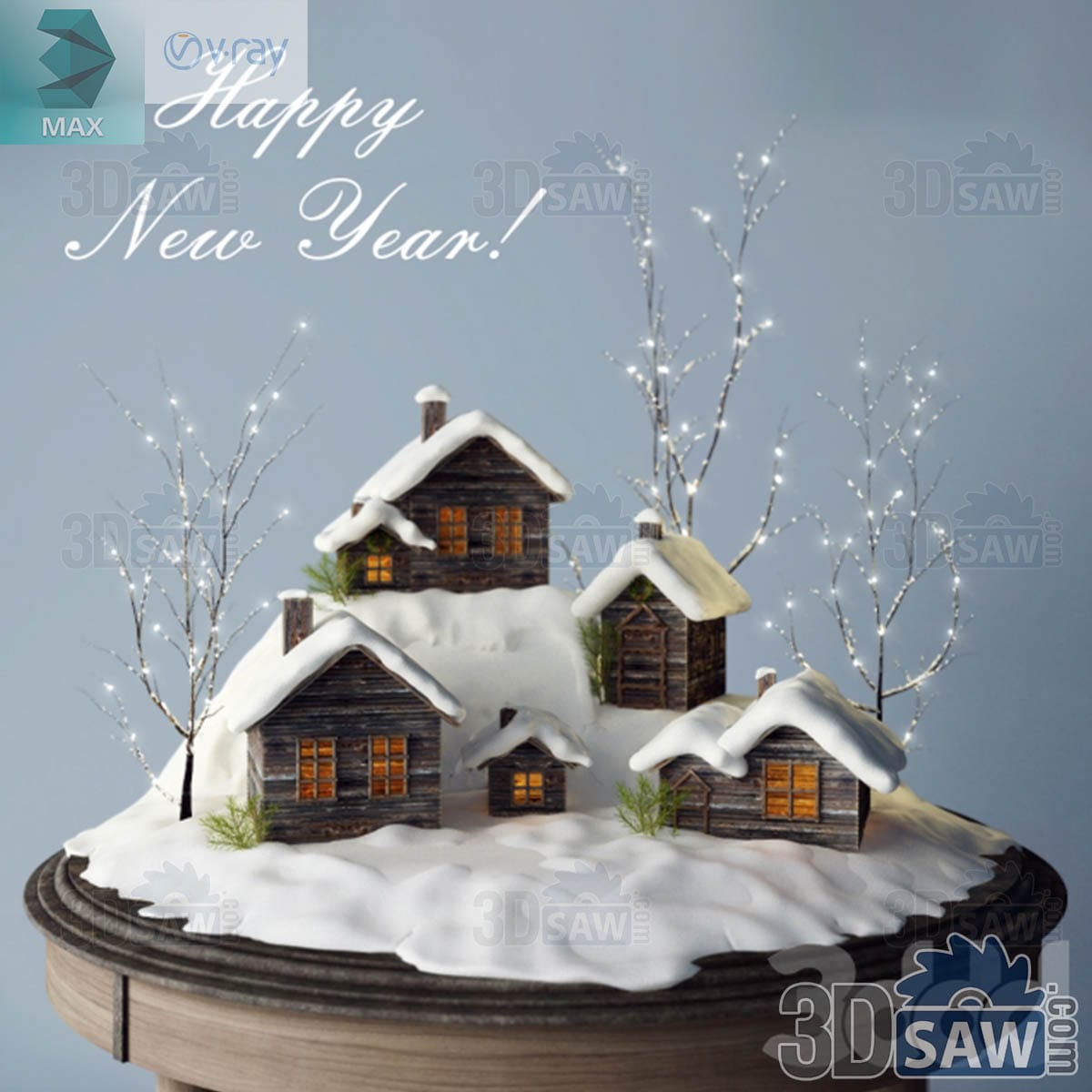 3ds Max Christmas village diorama with snowy timber cottages, glowing windows and lit twig trees