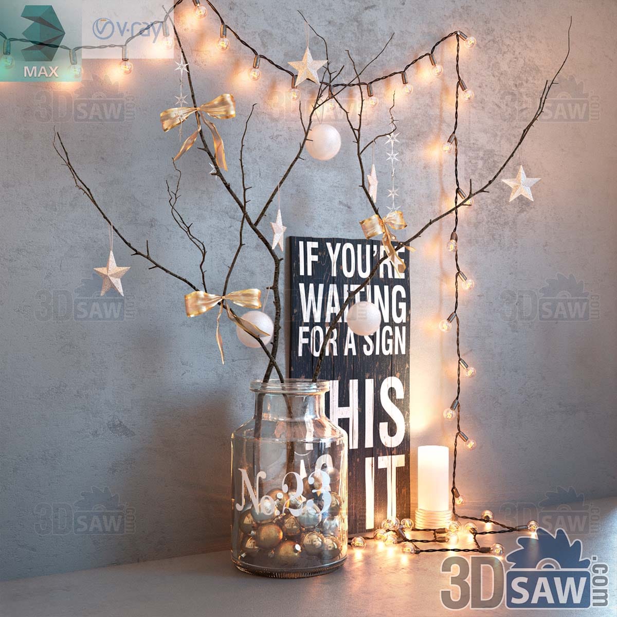 3ds Max Christmas branches in a bauble-filled glass jar with gold bows, stars and warm string lights