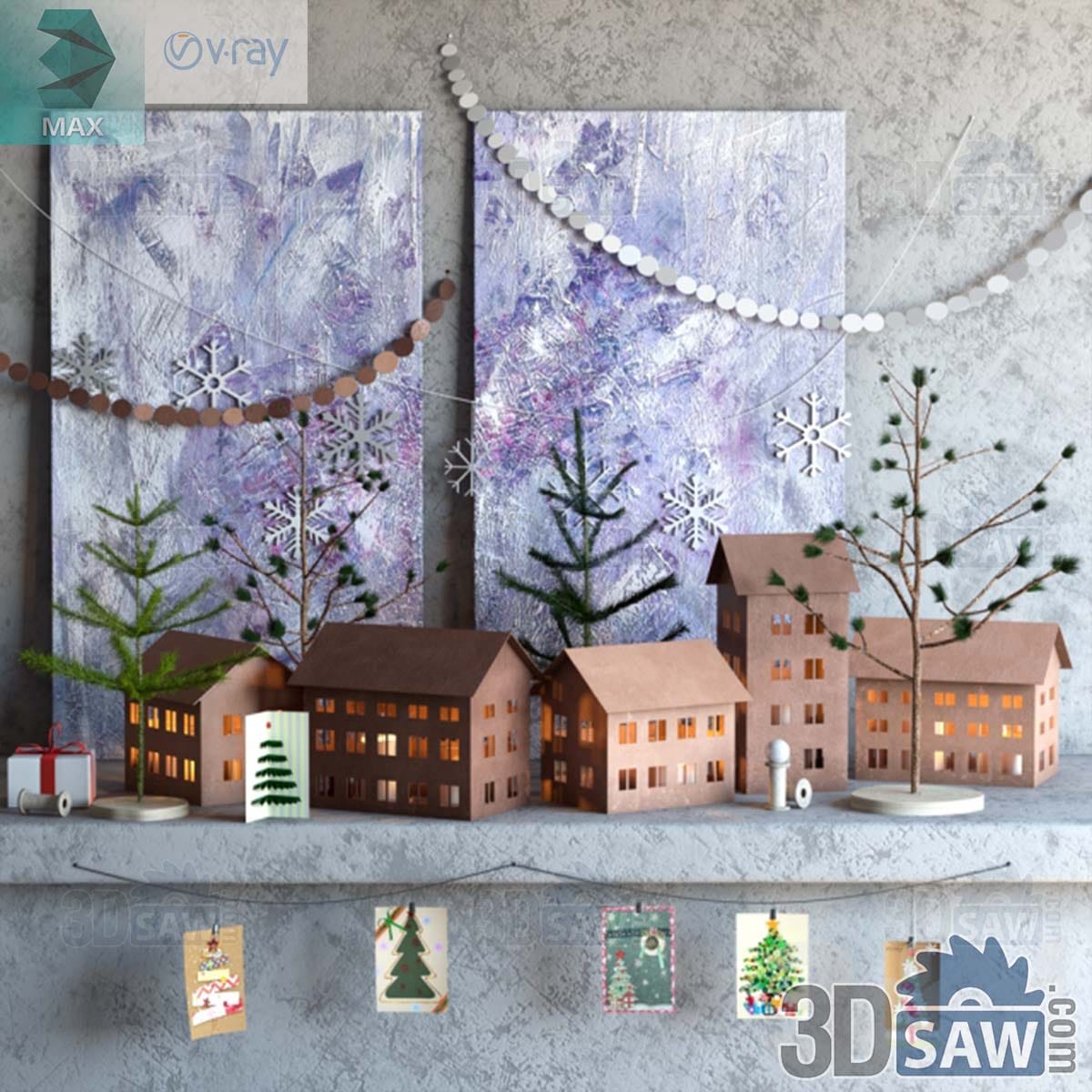 3ds Max Christmas mantel with card-model houses, twig trees, paper garlands and lilac canvas art