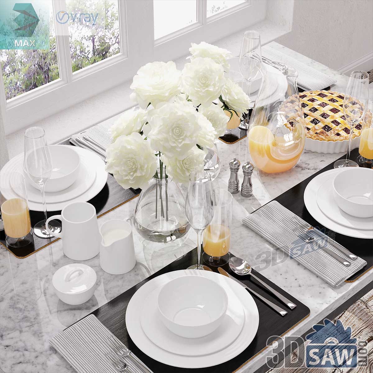 3ds Max marble table setting with white porcelain, wine glasses, a white rose bouquet and a berry pie