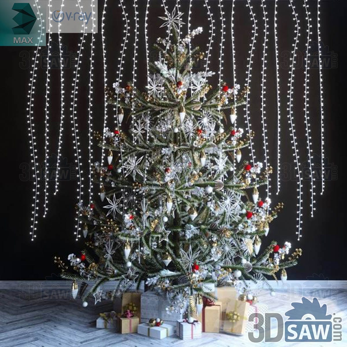 3ds Max luxury decorated fir with silver snowflakes and icicle drops against a white string-light curtain