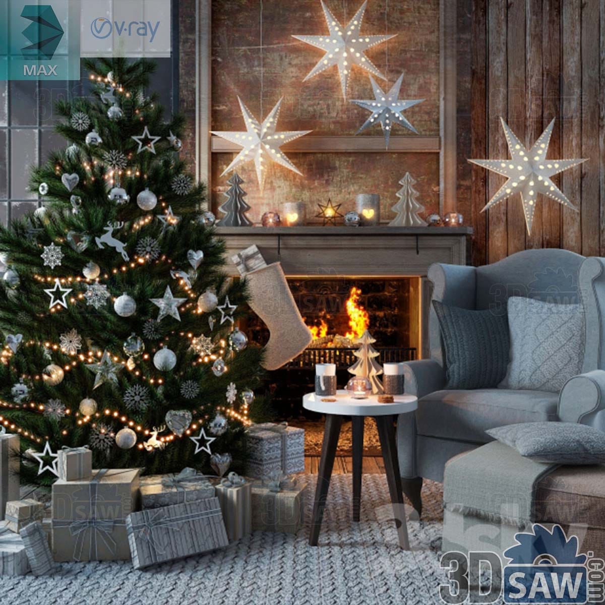 3ds Max Christmas living room with a decorated tree, lit fireplace, grey wingback chair and paper star lanterns