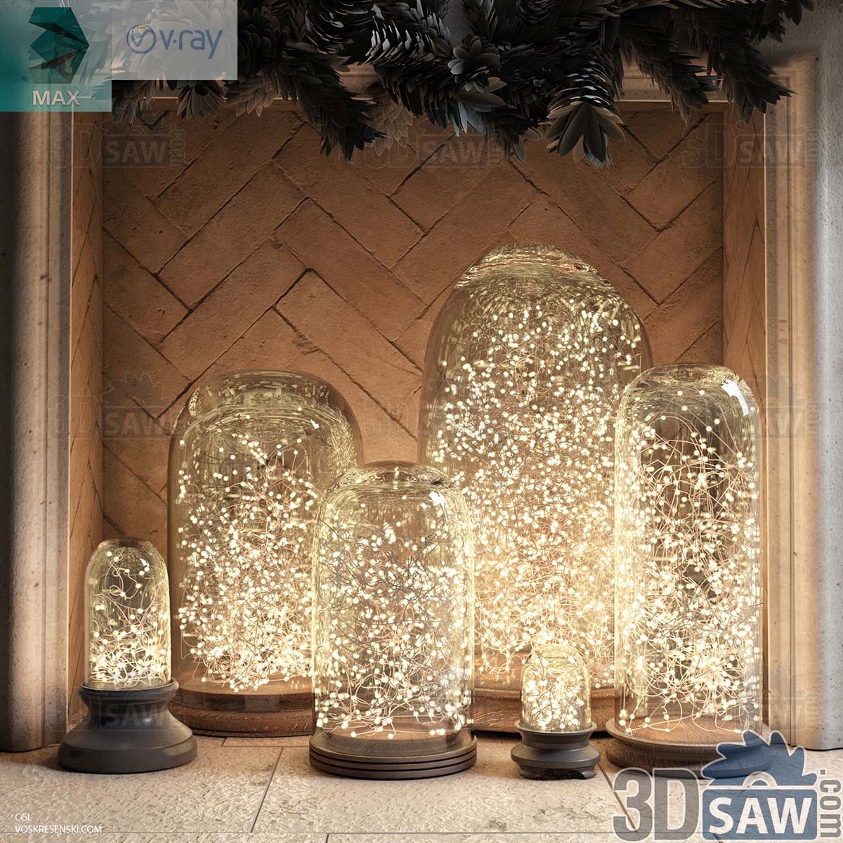 3ds Max glass cloche jars on wooden bases filled with glowing warm micro-LED fairy lights