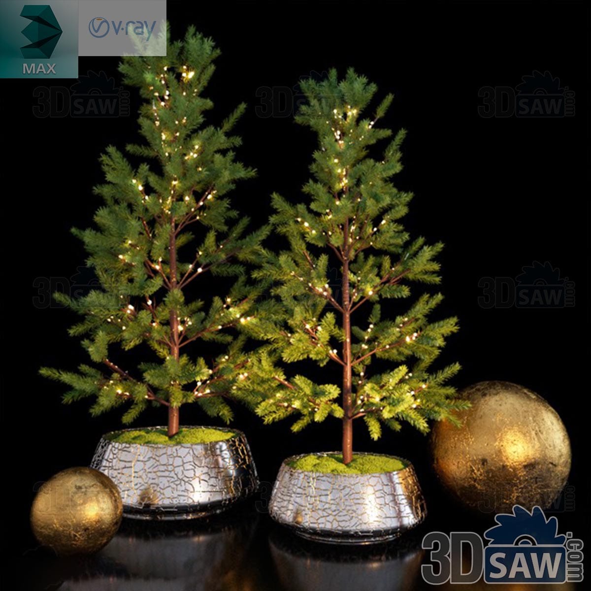 3ds Max pair of potted pine trees with warm fairy lights in silver crackle-glaze bowl planters