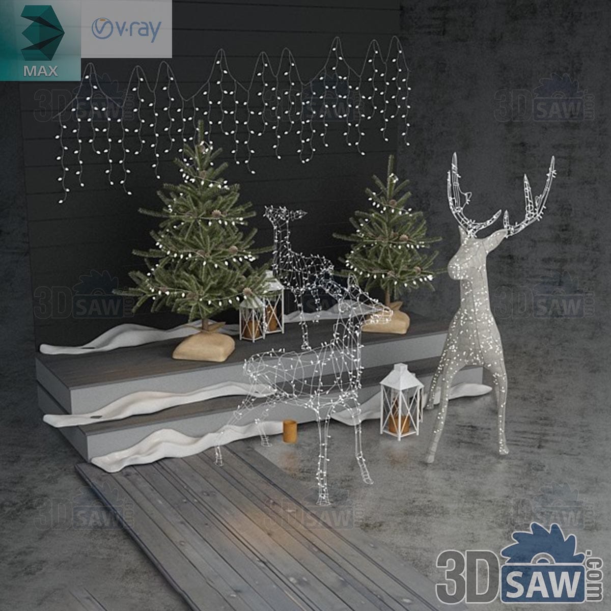 3ds Max Christmas display with wire-frame light-up reindeer, potted firs, lanterns and icicle lights