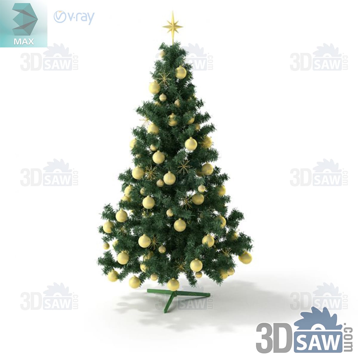 3ds Max green Christmas tree with matte cream and gold baubles and a gold starburst topper