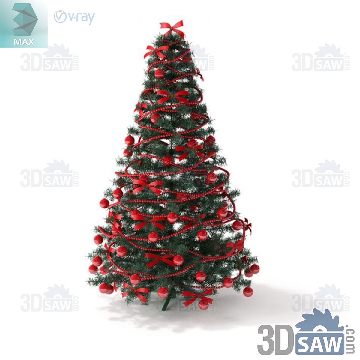 3ds Max slim green Christmas tree with spiral red bead garland, glossy red baubles and red bows