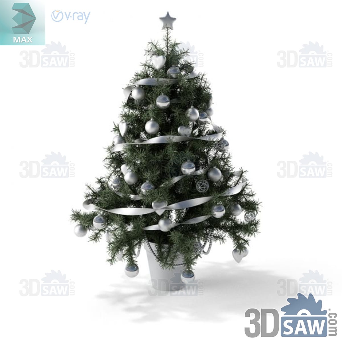 3ds Max potted green Christmas tree in a white pot with silver baubles, ribbon and a silver star