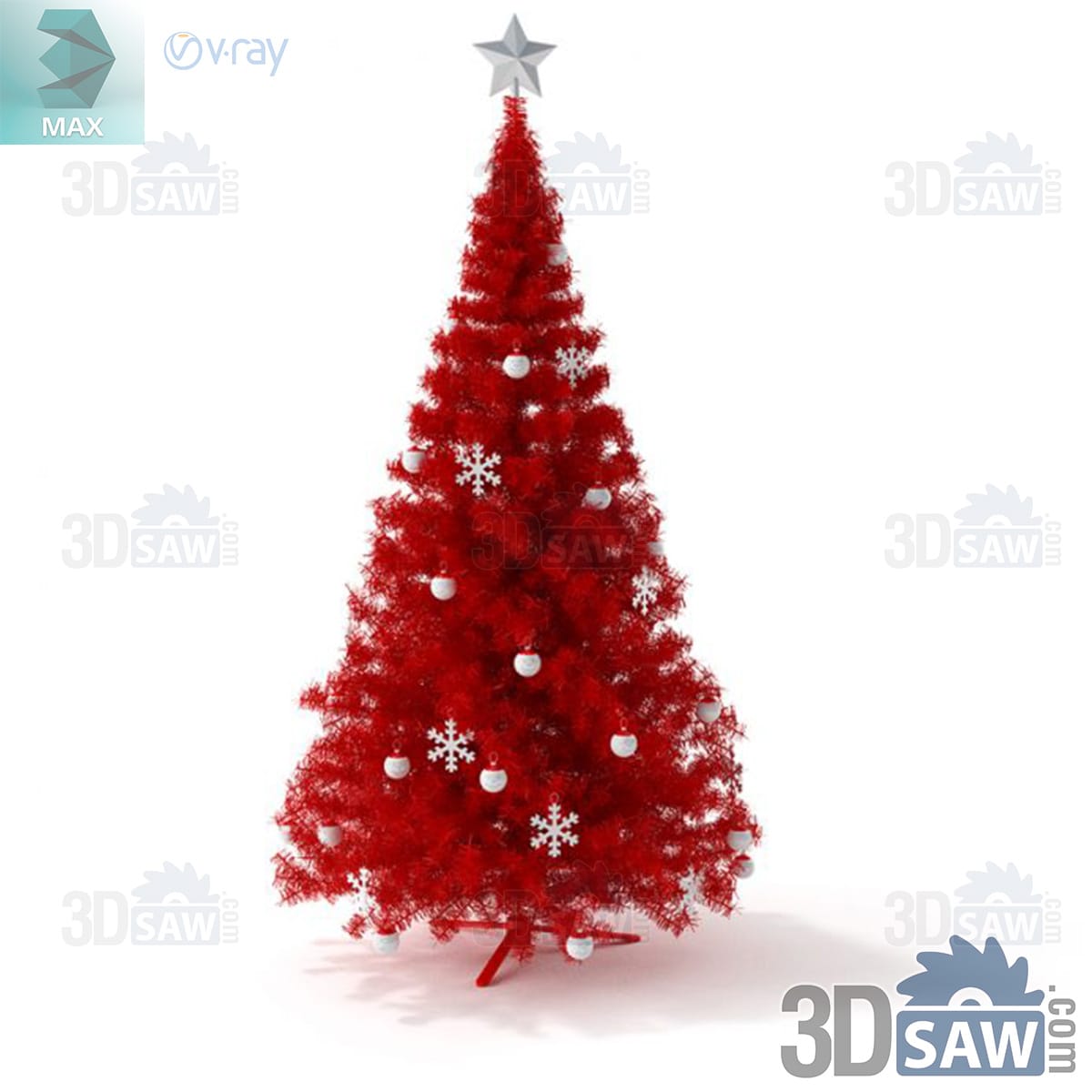 3ds Max red tinsel Christmas tree with white baubles, snowflake ornaments and a silver star topper