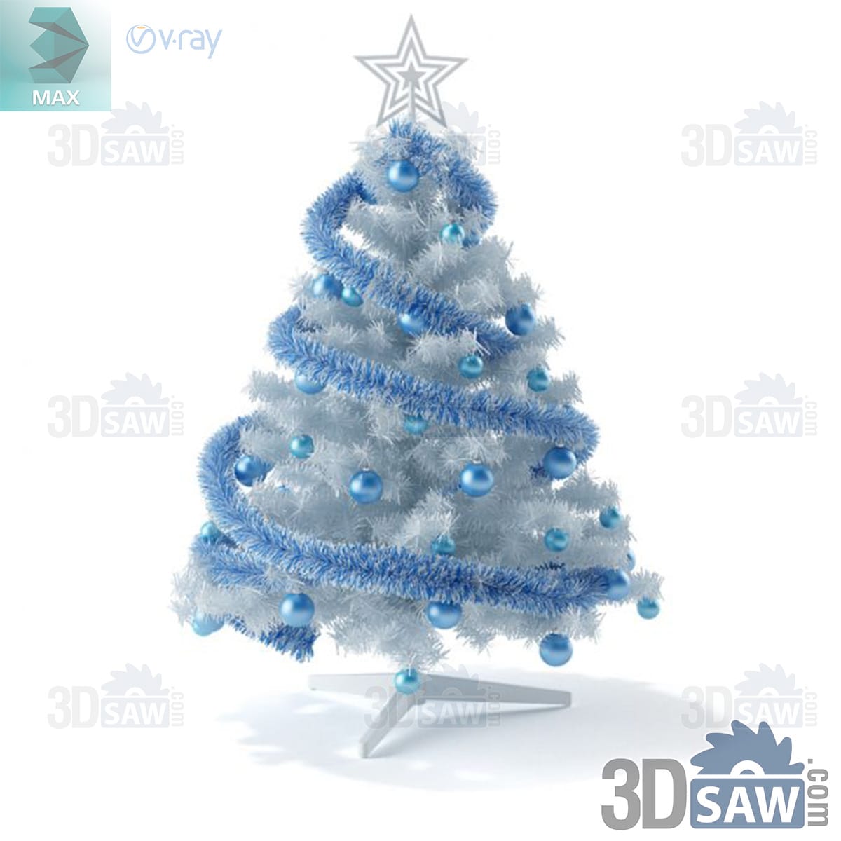 3ds Max white Christmas tree with spiral blue tinsel garland, blue baubles and a silver star