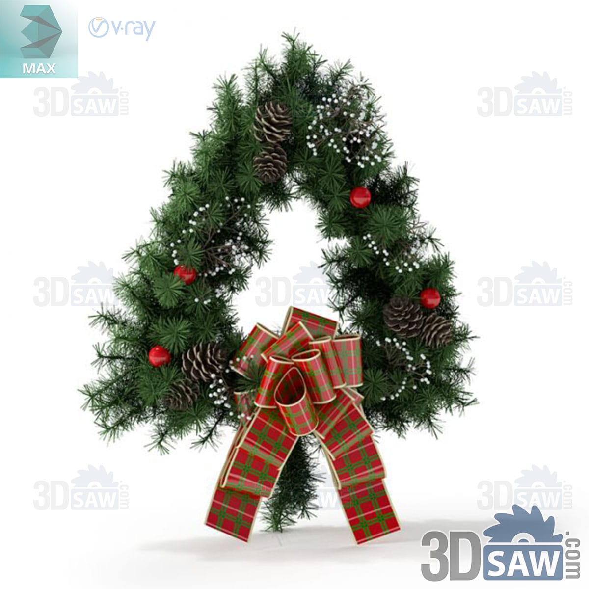 3ds Max teardrop larch Christmas wreath with pinecones, white berries and a red tartan bow