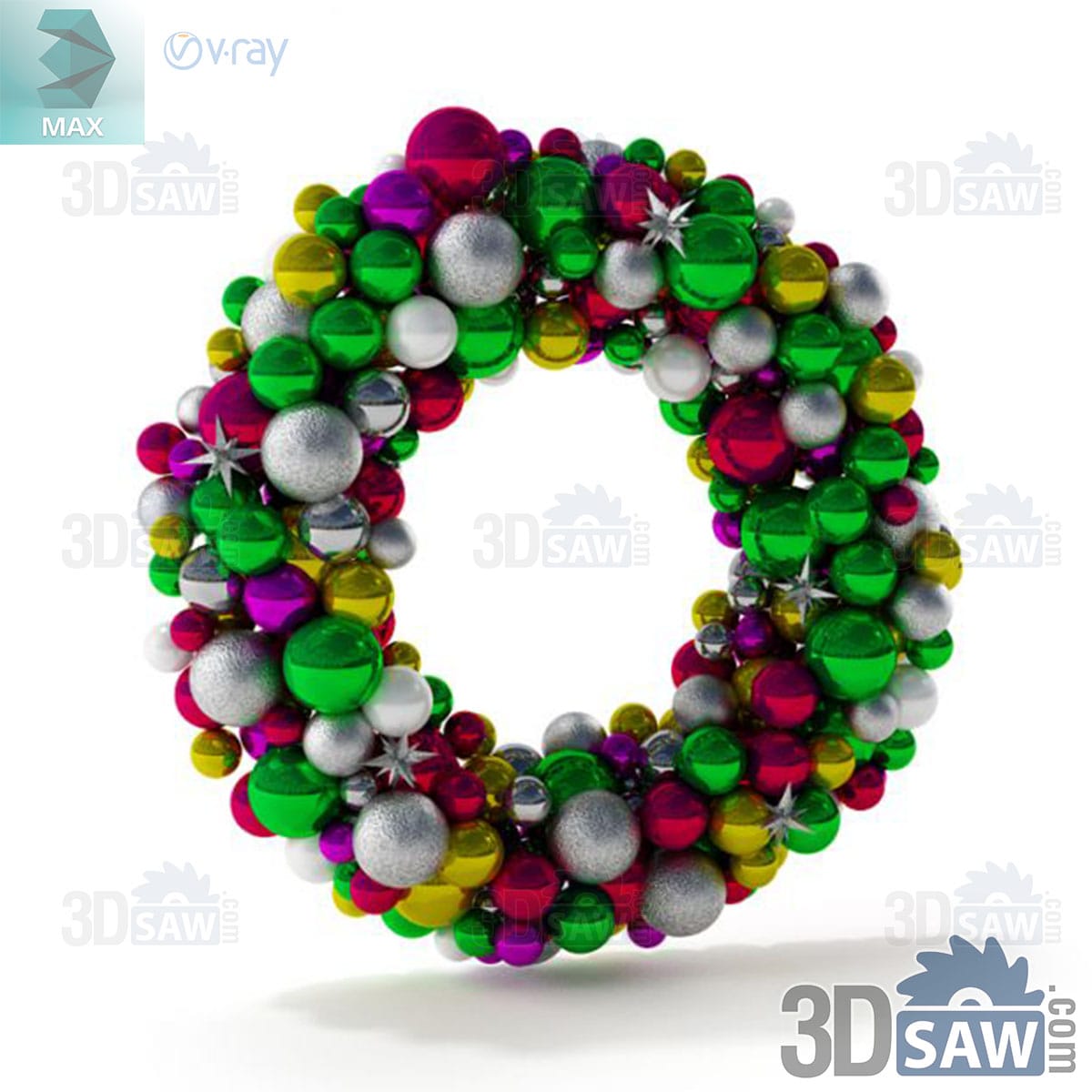 3ds Max Christmas wreath made entirely of green, red, purple, gold and silver glossy baubles
