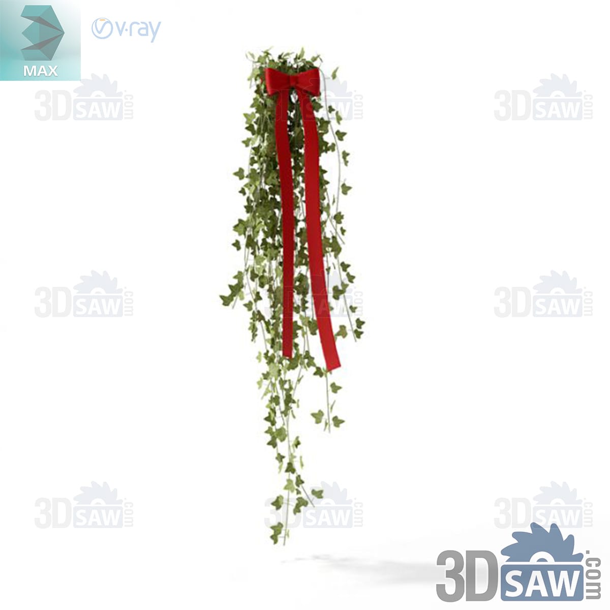 3ds Max trailing ivy Christmas swag tied at the top with a red velvet bow and long red streamers