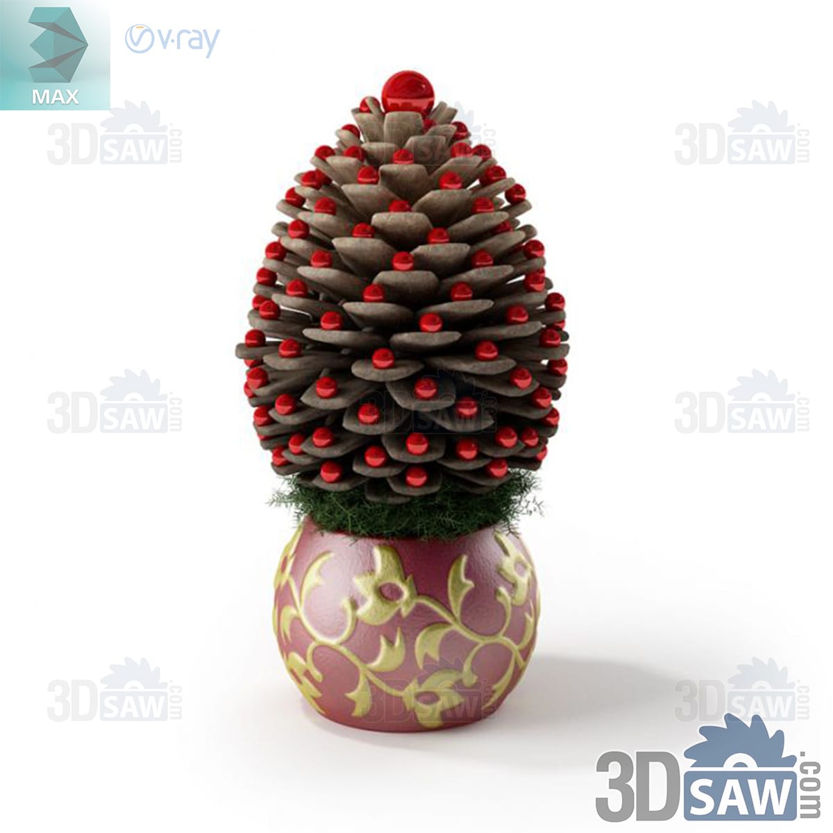 3ds Max decorative pinecone topiary studded with red berries in a red and gold damask pot