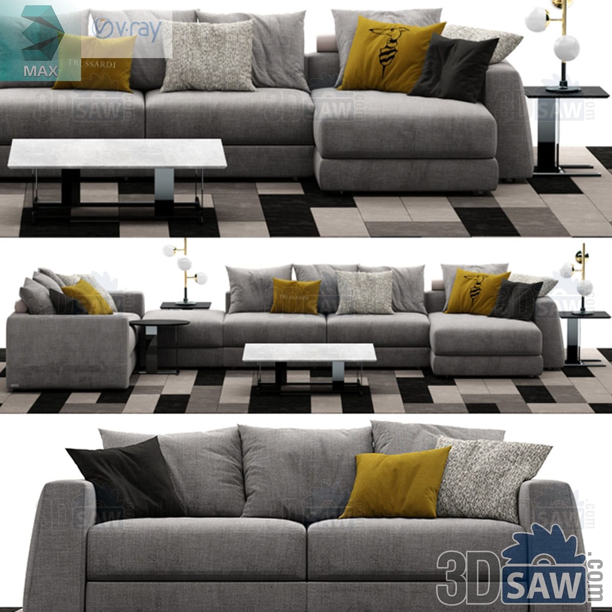 3ds Max grey modular sofa with chaise, white marble coffee table, globe lamps and checkerboard rug