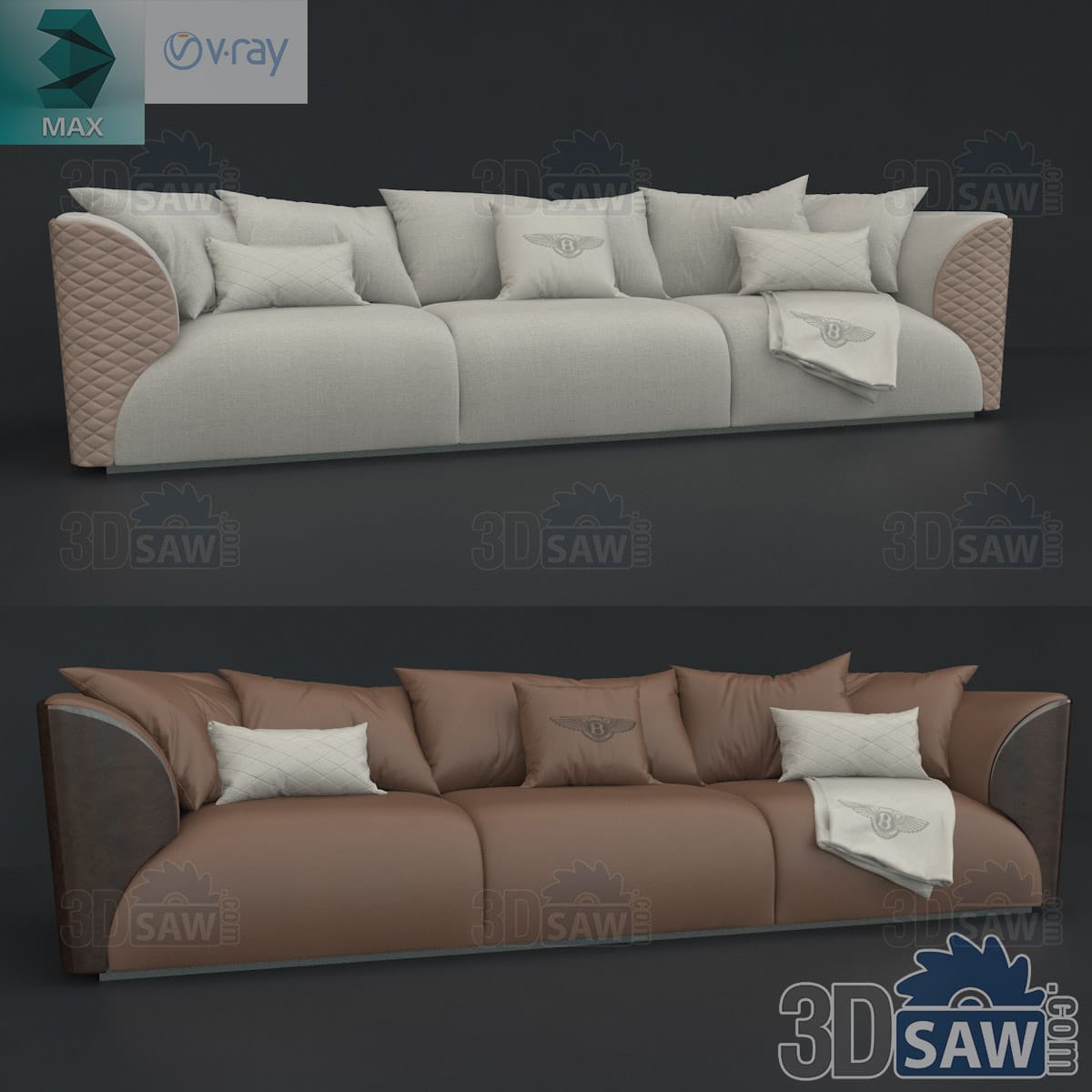 3ds Max luxury three-seat sofa with diamond-quilted rounded arm panels in linen and tan leather