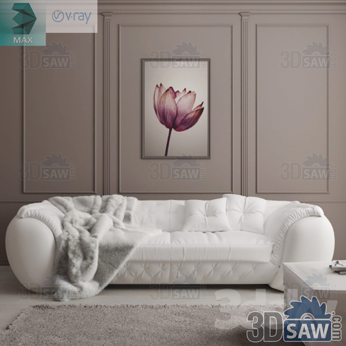 3ds Max white leather tufted curved sofa with rolled arms and a grey fur throw in a panelled room