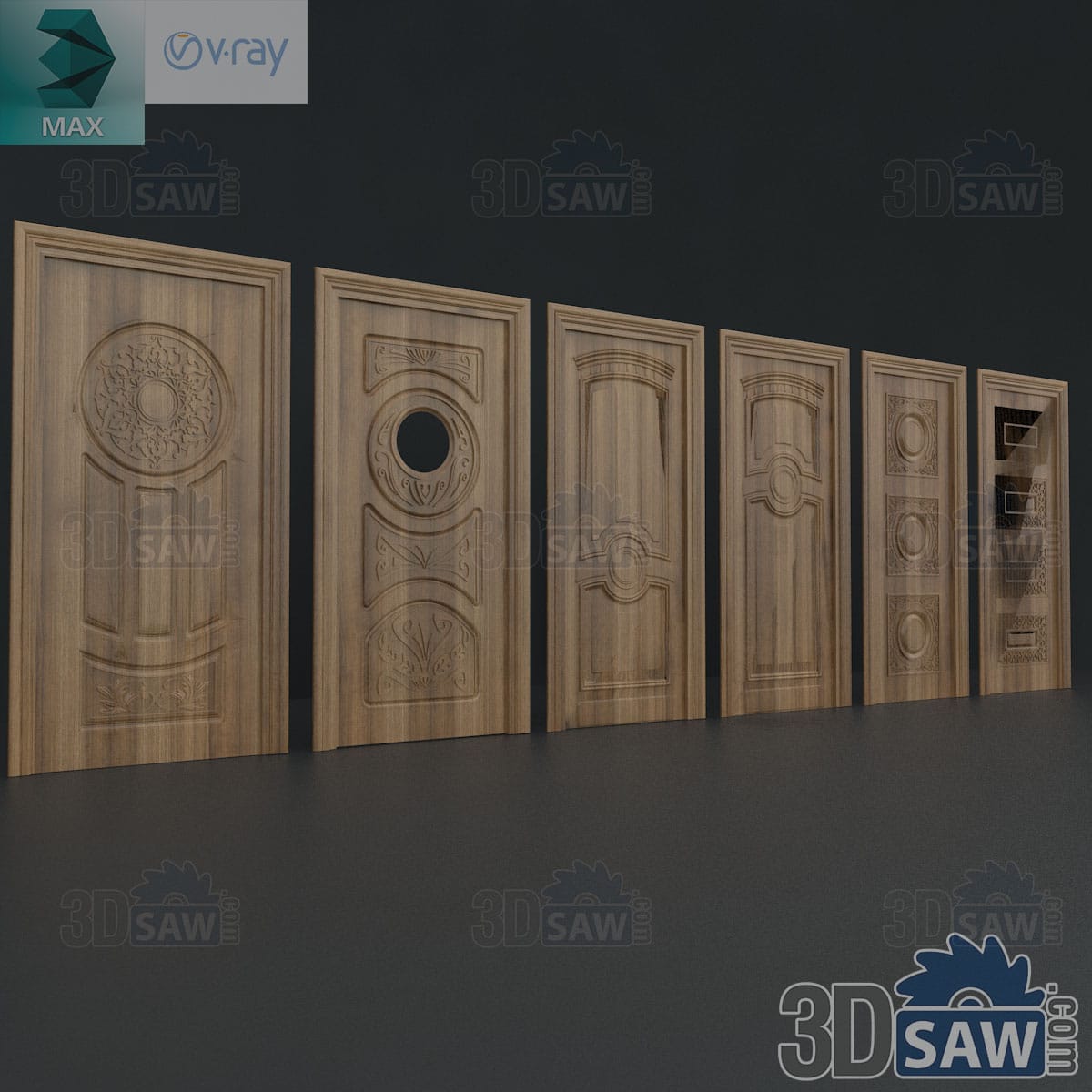 3ds Max set of six carved-panel wood interior doors including one with a round porthole window