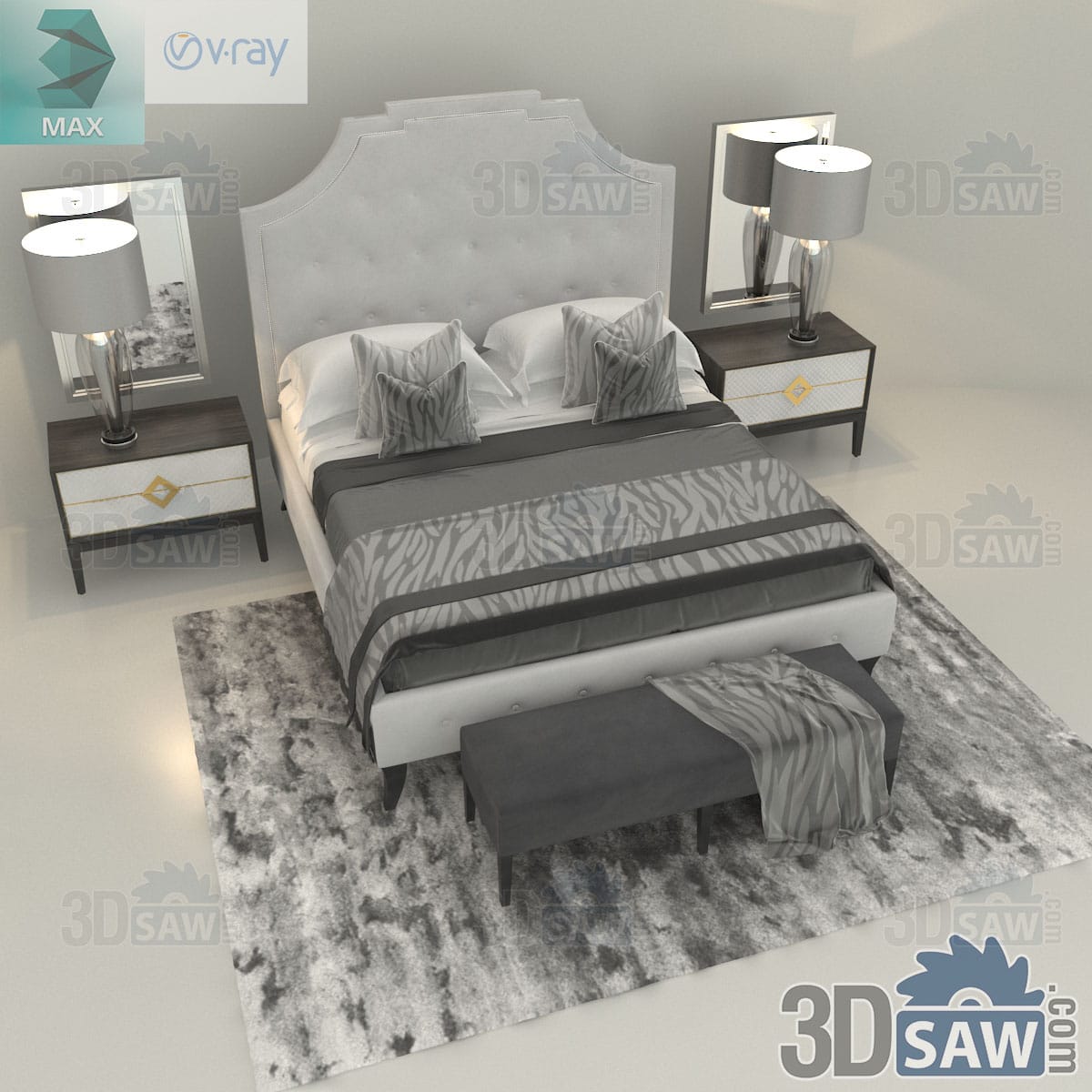 3ds Max grey upholstered bed with tufted headboard, glass lamps, wall mirrors and a velvet foot bench