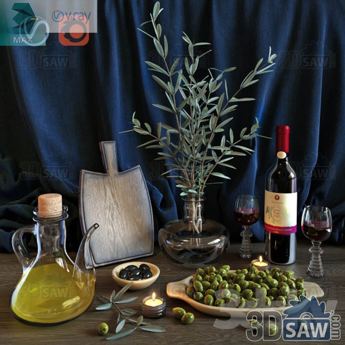 3ds Max olive oil cruet, cutting board, bowls of olives, red wine and olive branches in a glass vase