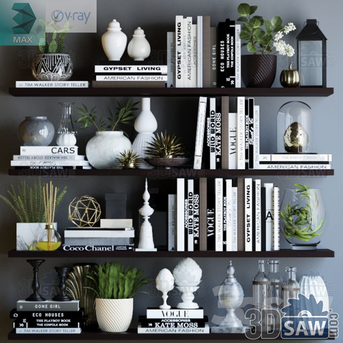 3ds Max styled floating shelves with black and white design books, ceramic vases, cacti and a lantern