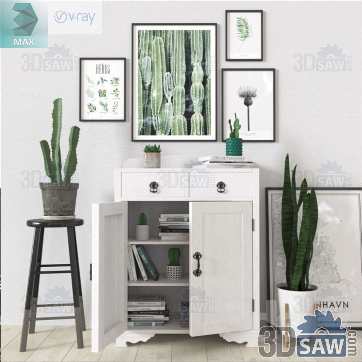 3ds Max distressed white two-door cabinet with cacti, a snake plant, a bar stool and a botanical gallery wall