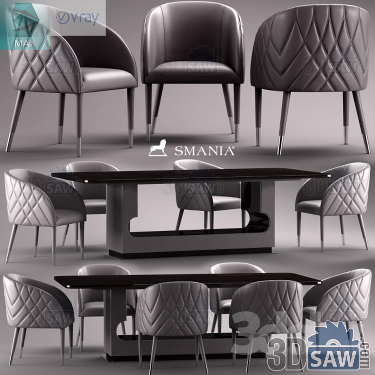 3ds Max quilted grey leather barrel dining chairs around a dark high-gloss pedestal table