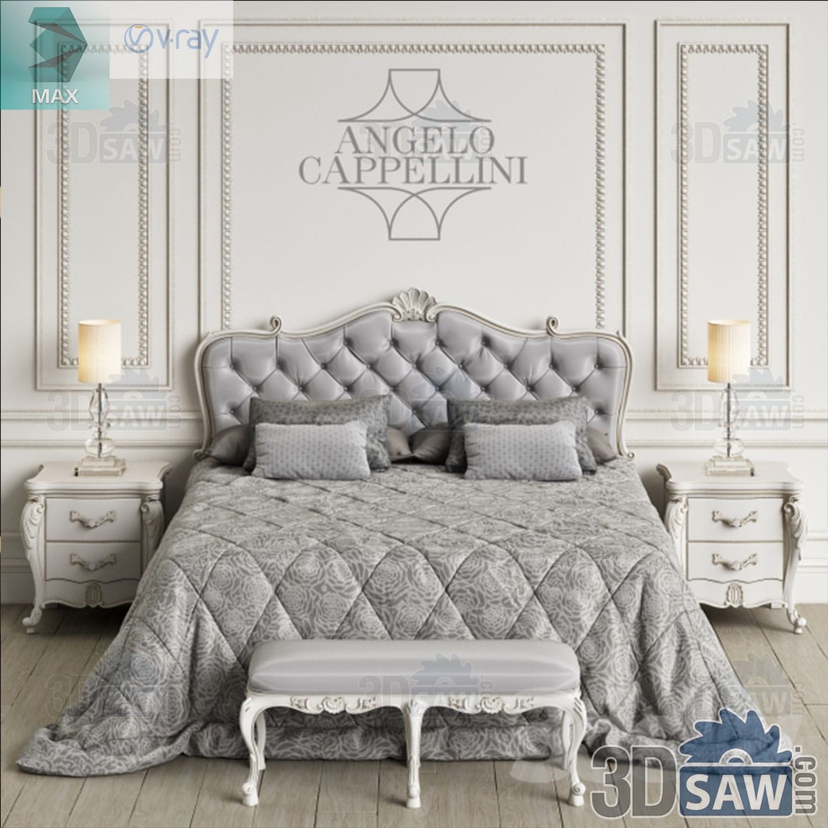 3ds Max grey tufted bed with a carved silver-leaf frame, bombe nightstands, crystal lamps and a foot bench