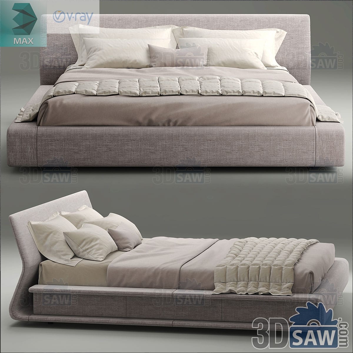 3ds Max grey platform bed with a curved waterfall headboard sweeping to the floor and wide side rails