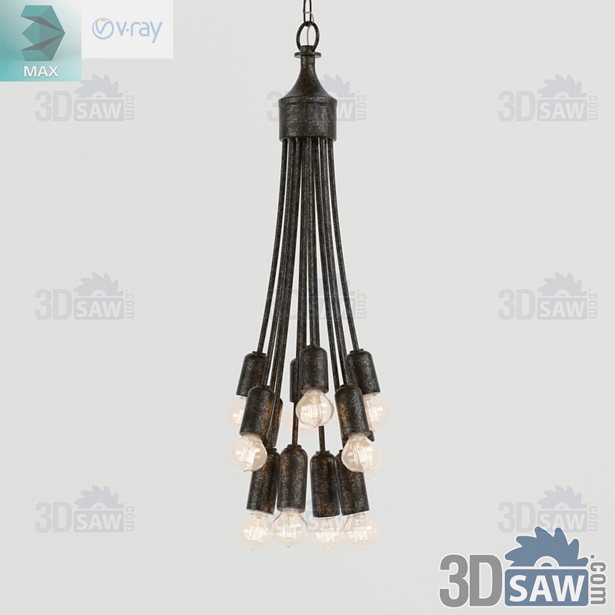 3ds Max industrial cluster pendant of bare Edison bulbs on twisted flex under a rusted metal ceiling cap