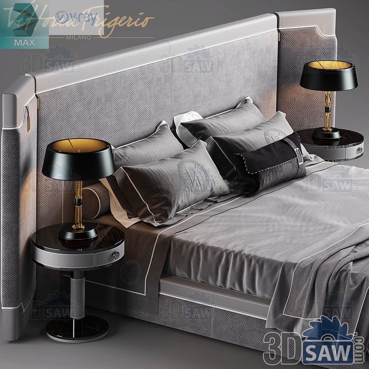 3ds Max grey upholstered bed with a two-tone woven headboard and round nightstands with black-and-gold lamps