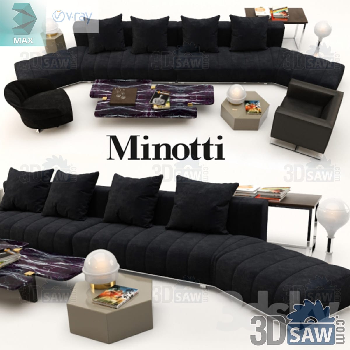 3ds Max black curved modular sofa with channel-stitched seats, a tub chair, leather armchair and marble tables