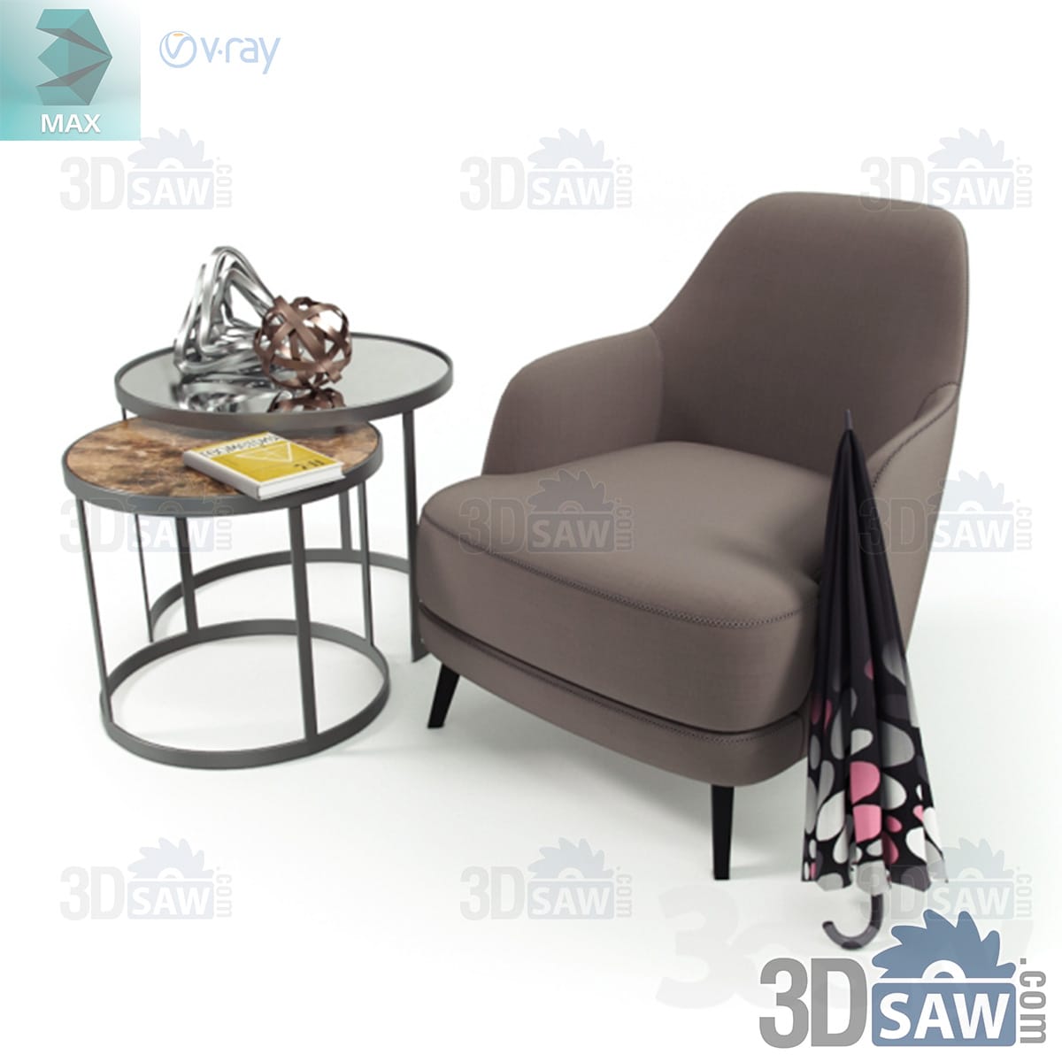 3ds Max taupe wing-back lounge armchair on slim black legs with a nesting pair of round metal side tables