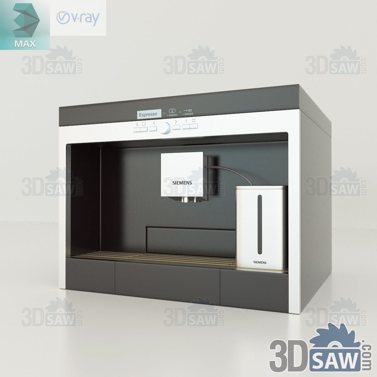 3ds Max built-in automatic espresso machine in dark grey and stainless steel with a milk container