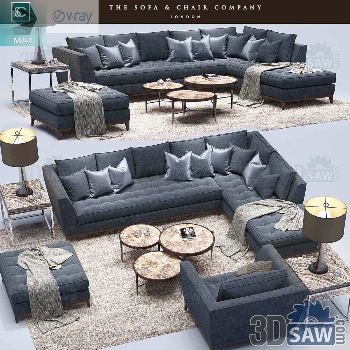 3ds Max slate-blue U-shaped tufted sectional sofa with marble coffee tables and dark-shaded lamps on a shag rug