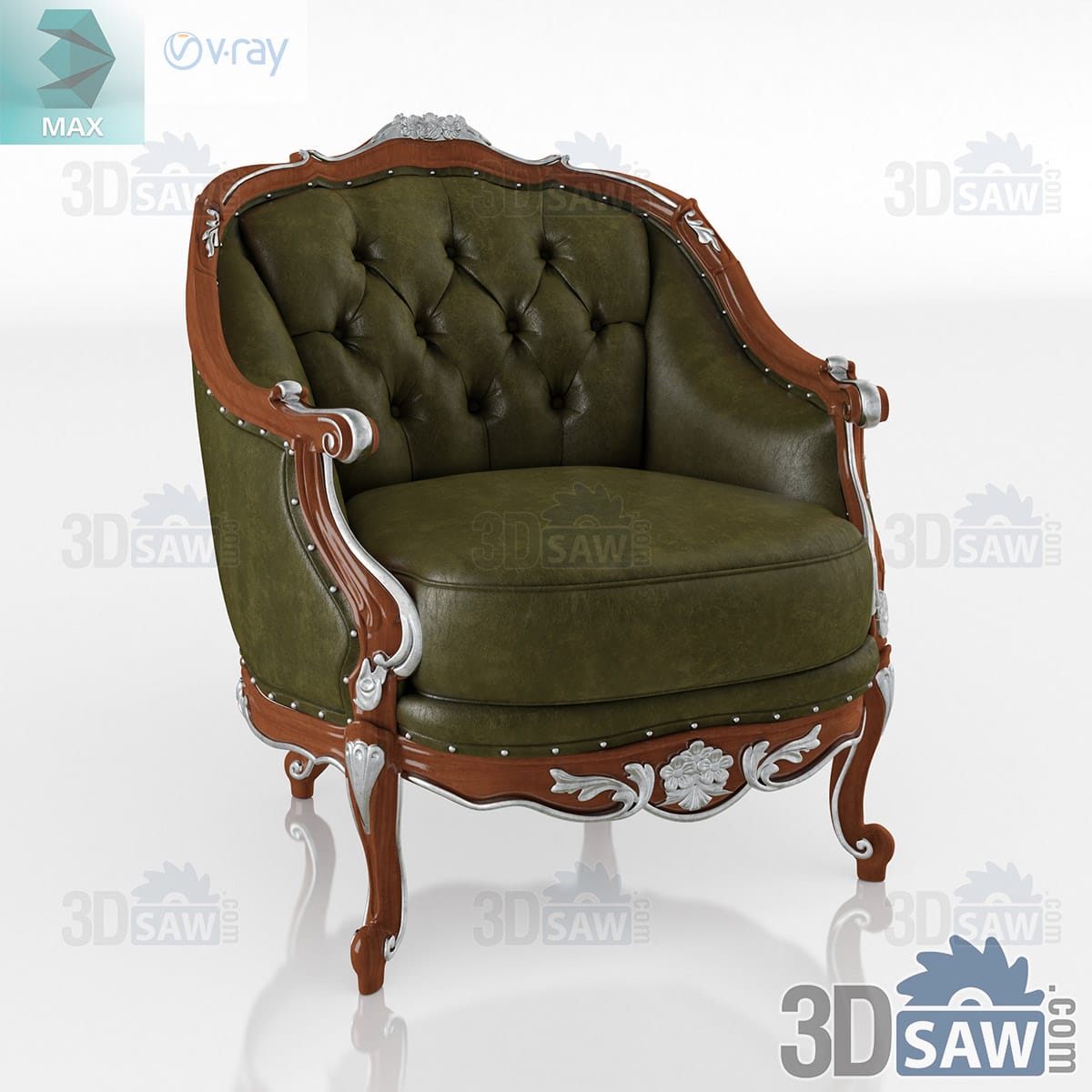3ds Max classic tub armchair in tufted olive leather on a carved mahogany and silver-leaf frame